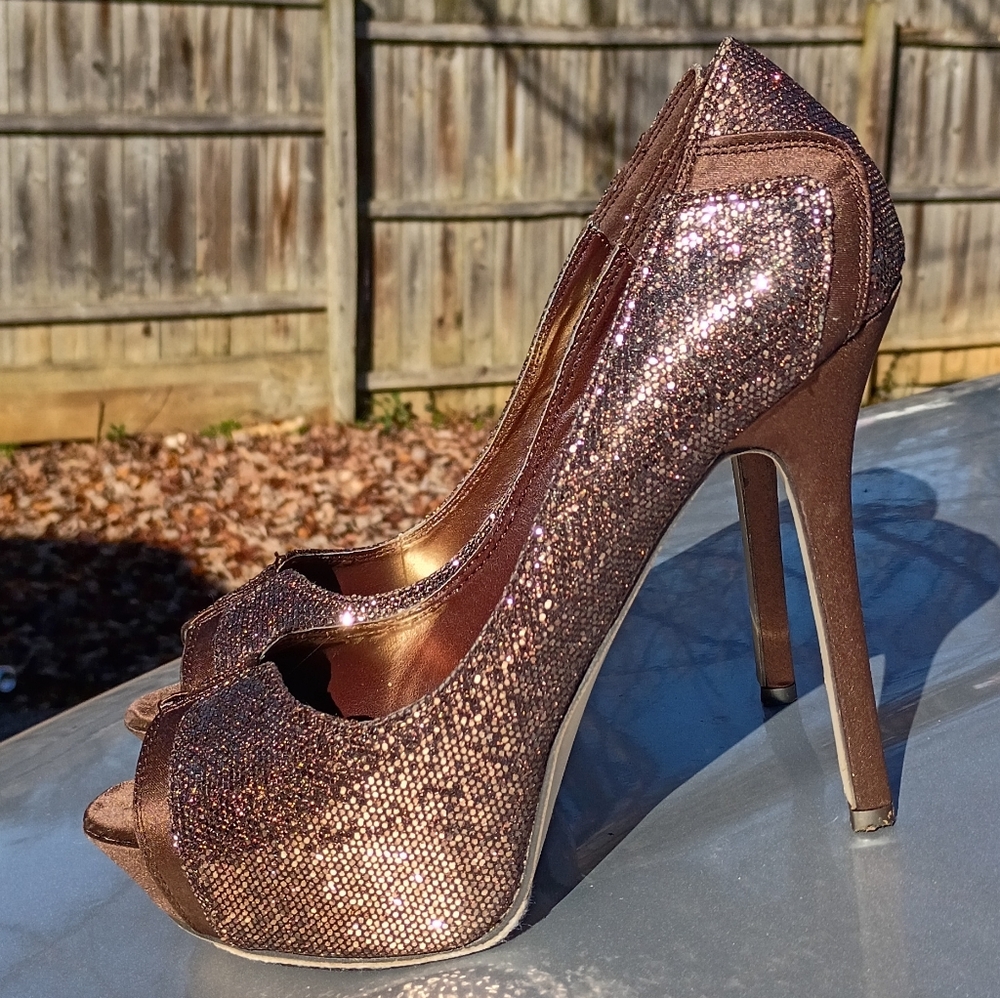 Brown Glitter Mesh Platform Peep Toe Heels
